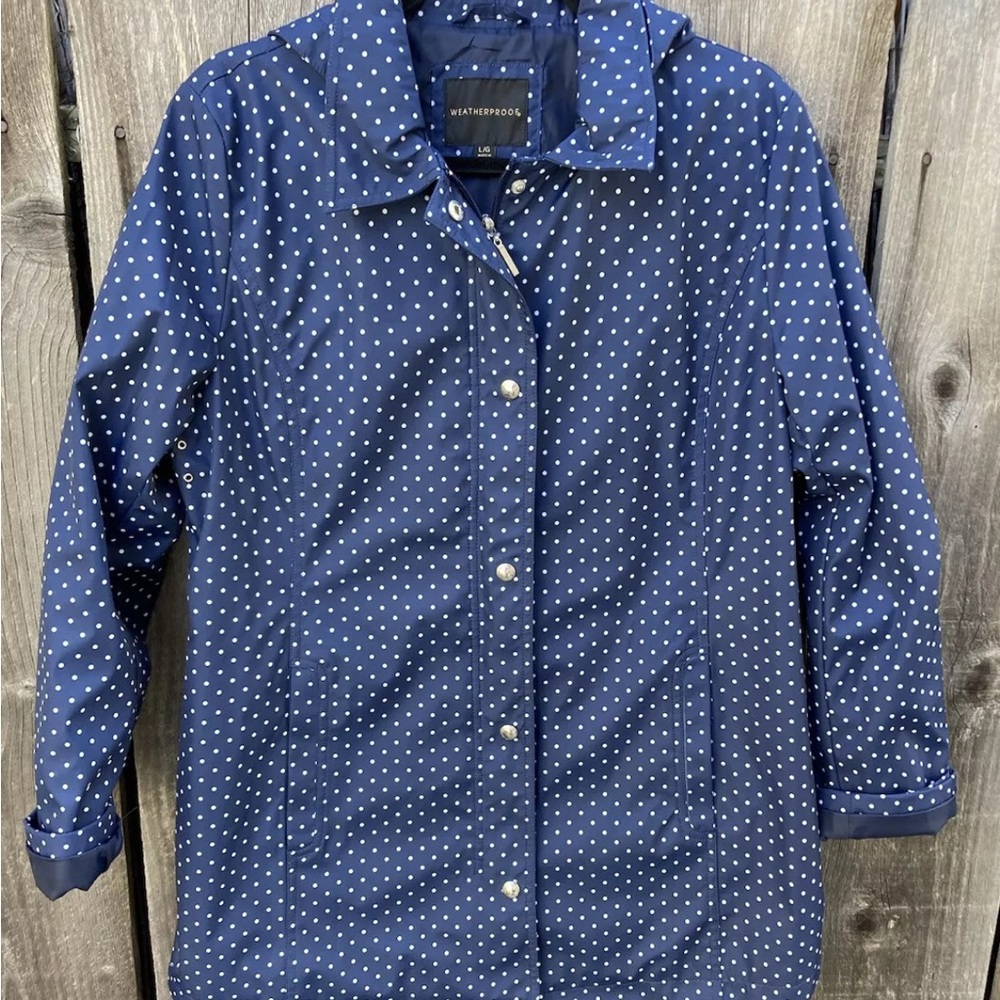 Weatherproof Blue polka dot Raincoat Button down with removable hood.